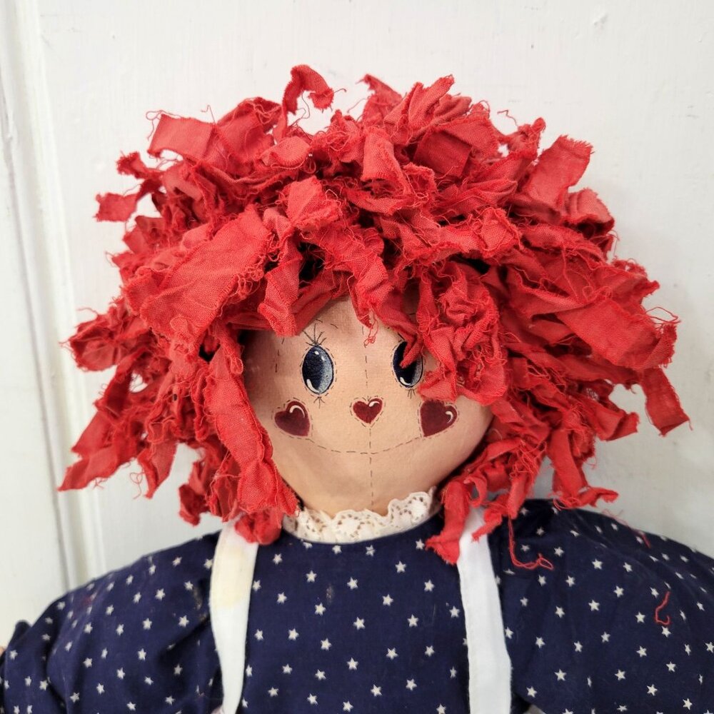 Handmade Rag Doll With Red Hair Navy Polka Dot Dress White Apron And Painted Sho - Picture 3 of 8